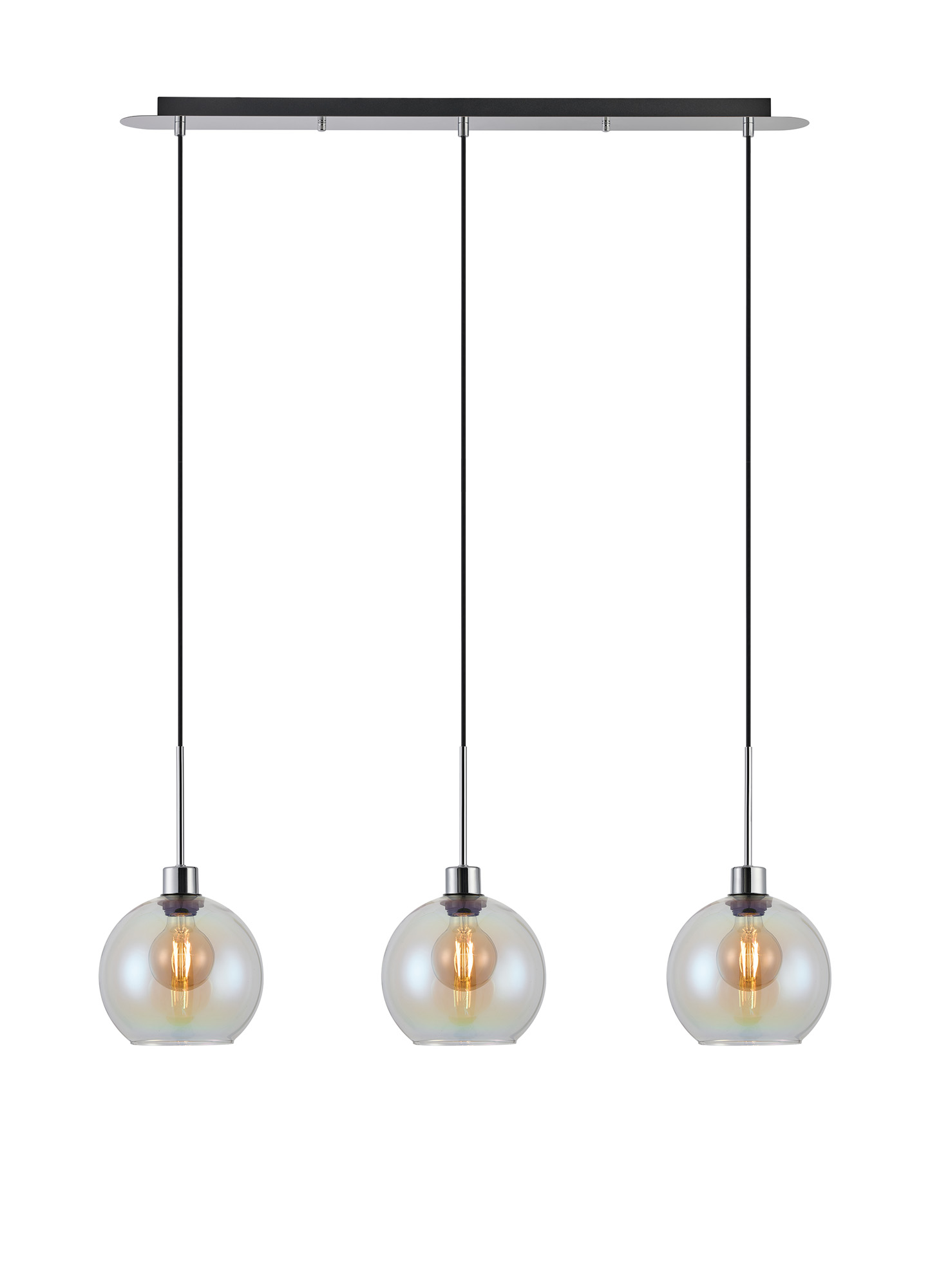 DK1305  Lori Linear Pendant, 3 Light Adjustable E27, Polished Chrome/Iridescent Open Mouth Round Globe Shades